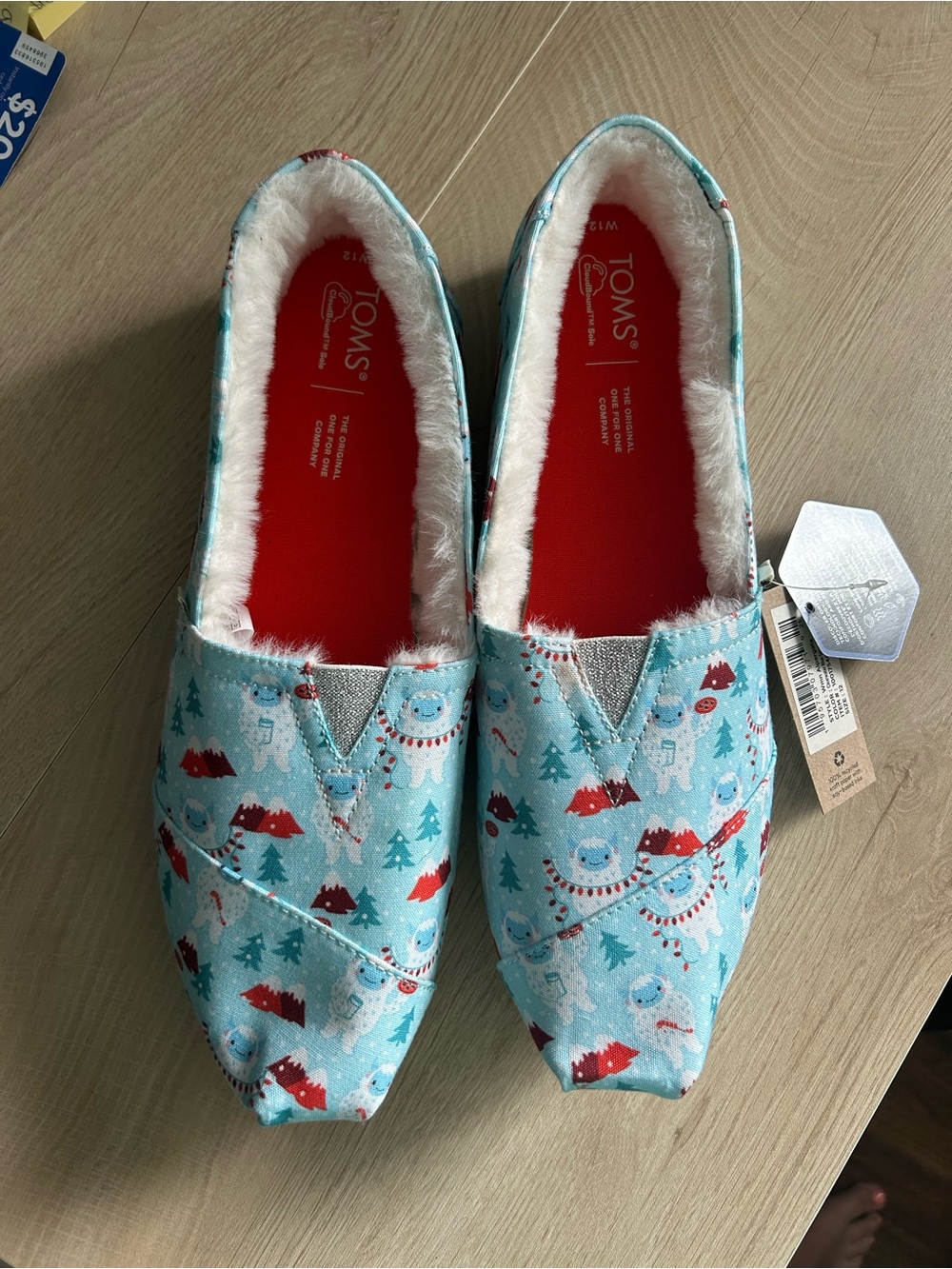 TOMS Light Blue Holiday Snowman Slip-Ons with Red Insoles